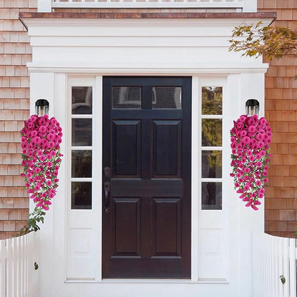 Artificial Hanging Flowers for Outdoor, 2 PCS Silk Morning Glory Faux Flowers with Eucalyptus Leaves,Realistic Hanging Plants for Wedding Home Office Garden Decor