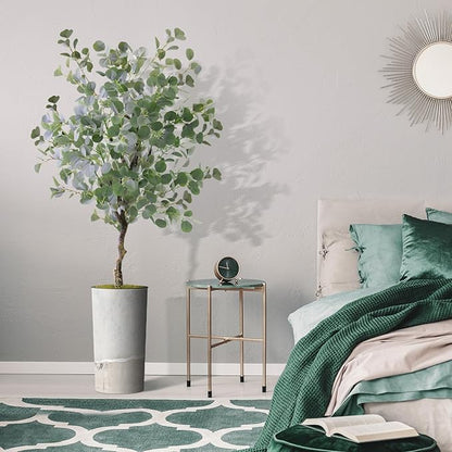 Artificial Tree in Gray Tan Watercolor Abstract Planter, Fake Eucalyptus Silk Tree for Indoor and Outdoor Home Decoration - 66" Overall Tall (Plant Pot Plus Tree)