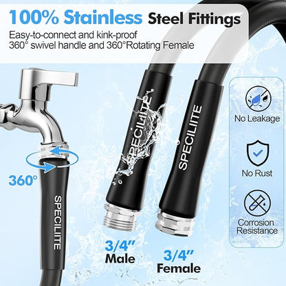 SPECILITE 5/8" Hot/Cold Garden Hose 75 ft with Industrial High Pressure Nozzle, Flexible & Lightweight, 600psi Burst Rubber Water hose -50℉-158℉ With 3/4"Stainless Steel Fittings for Yard, Black