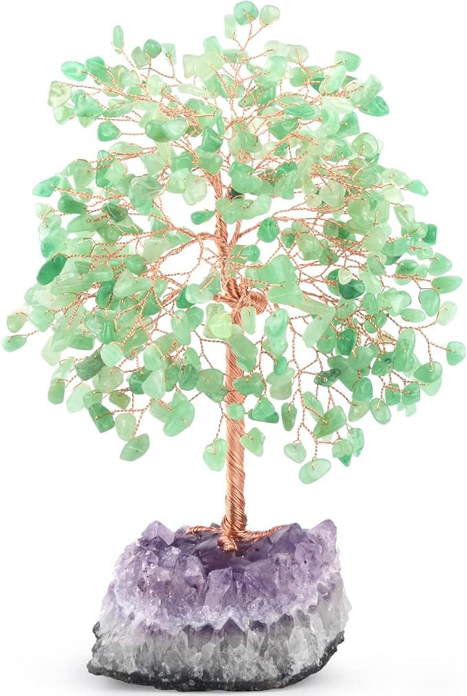 Crystal Tree of Life,Natural Green Aventurine (406 Beads Count) Amethyst Cluster Base, Positive Energy Feng Shui Gem Bonsai Money Tree Good Luck,Gift Size 8.5-9 Inches