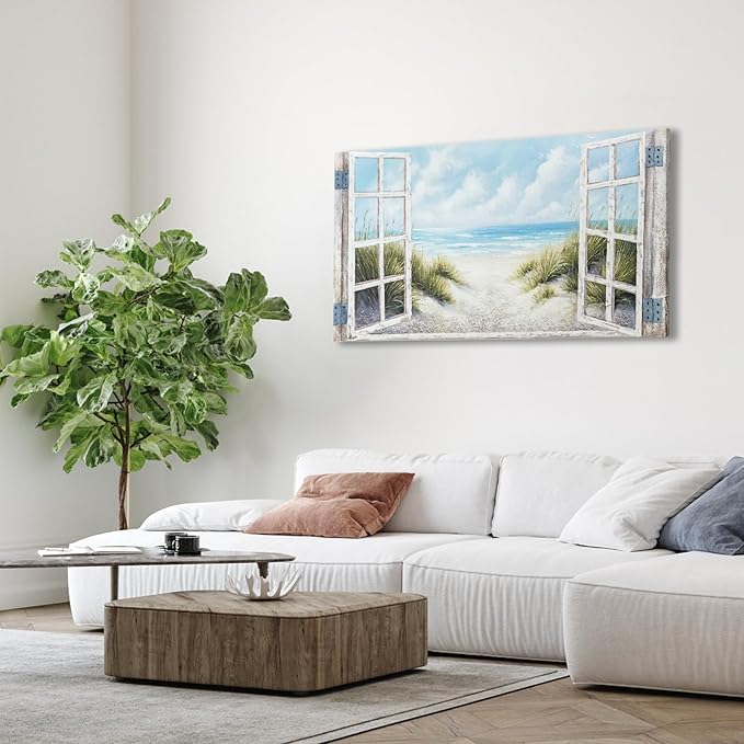 Window Beach Wall Art Prints Large tropical Seascape Picture Coastal Ocean Landscape Canvas Bedroom Blue Ocean Artwork Relaxing Living Room Sea Scene Painting Horizontal Summer Seascape Decor 48 x 24