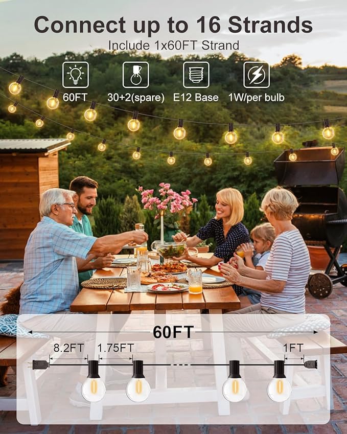 GLUROO 60FT Outdoor String Lights LED, Patio Lights with 32 Bulbs Waterproof, 2700K Warm White for Outside Backyard, Yard, Gazebo, Deck, Porch