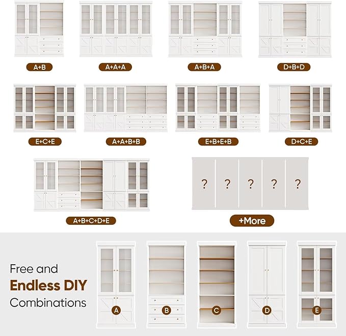 Vyre 70.8" Tall White Bookshelf, Farmhouse Modular Bookcase with 6-Tier Adjustable Shelves, Large Storage Cabinet for Home Office, Living Room