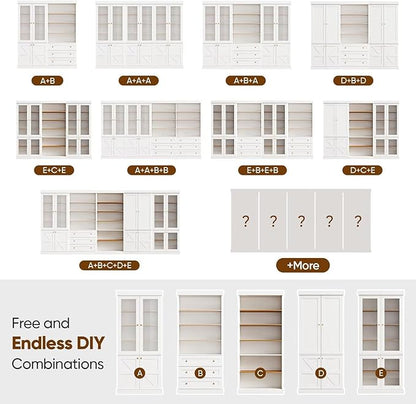 Vyre 70.8" Tall White Bookshelf with Glass Doors, Farmhouse Modular Bookcase with 6-Tier Adjustable Shelves, Large Storage Cabinet for Home Office, Living Room, Set of 2