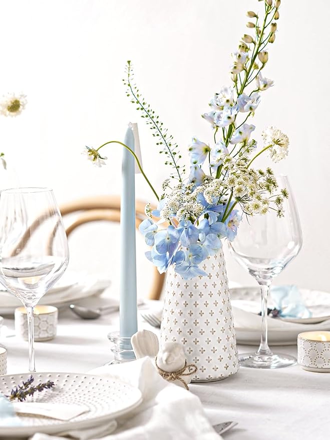 Small Flower Vase for Decor, 6 Inch White Ceramic Embossed Vase for Lego Flowers, Tulip and Pampas Grass, Home Living Room Dining Table Office Decor, Arctic White-Clover