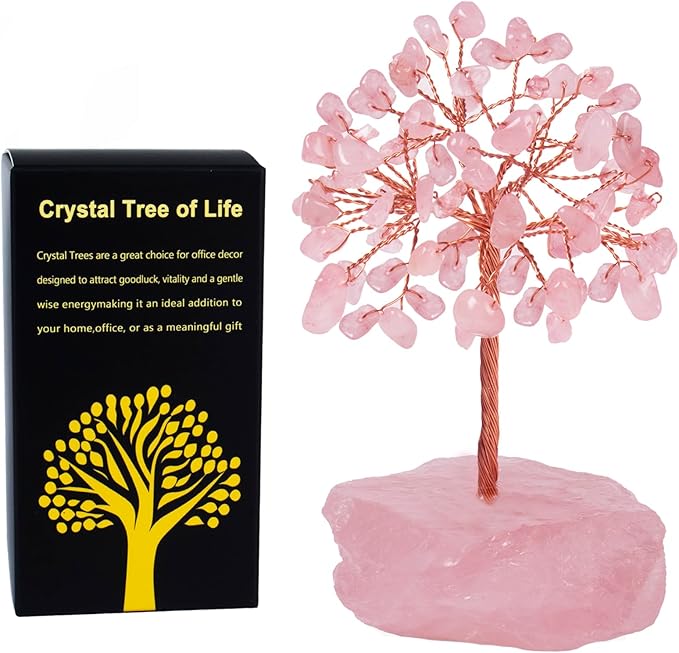 Rose Quartz Healing Crystal Tree，Natural Reiki Life Stone Base Copper Wire Tree Decor， Feng Shui Spiritual Energy for Pink Home Office Desk ， Ideal Meditation Gift for Women Men
