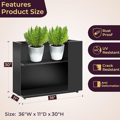 36Wx11Dx30H Tall Metal Planter Box with Removable Middle Partition and Adjustable Feet, Outdoor Elevated Planters for Patio, Yard, Deck | Easy Assembly, Drainage Holes, Black