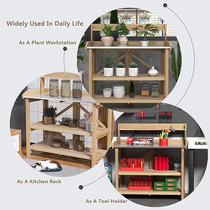 S AFSTAR Garden Potting Bench, Gardening Work Station Table with 2 Storage Shelves, Fir Wood Structure & Metal Tabletop, Garden Table Potting Benches for Outside, Backyard & Balcony