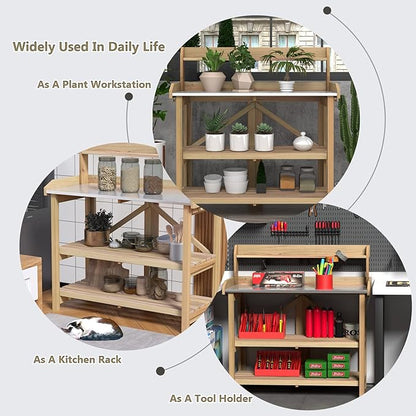 S AFSTAR Garden Potting Bench, Gardening Work Station Table with 2 Storage Shelves, Fir Wood Structure & Metal Tabletop, Garden Table Potting Benches for Outside, Backyard & Balcony