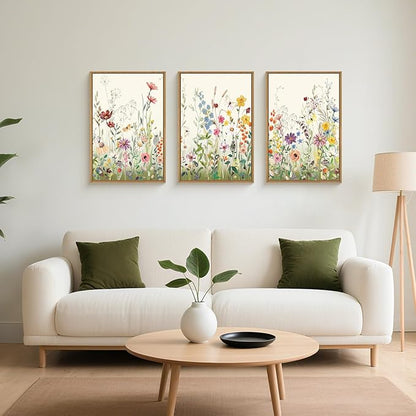 Watercolor Colorful Wildflower Framed Canvas Wall Art Set,Modern Nature Flower Wall Decor,Natural Pink Green Floral Botanical Artwork for Living Room, Bedroom,Farmhouse- 24"x36"x3