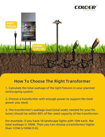 COLOER 600W Low Voltage Landscape Transformer with Timer&Photocell, 120V AC to 12V/13V/14V/15V/16V/17V/18V/22V Multi-Tap Stainless Steels Weatherproof Landscape Lighting Transformer Outdoor