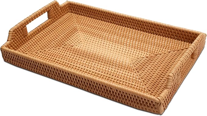 Rattan Tray Bulk, Rattan Serving Trays with Handles, Rectangular Basket, Hand Woven Tray for Home, Ottoman, Dining, 15" H x 11" L x 2" W