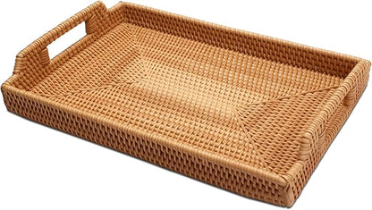 Rattan Tray Bulk, Rattan Serving Trays with Handles, Rectangular Basket, Hand Woven Tray for Home, Ottoman, Dining, 15" H x 11" L x 2" W