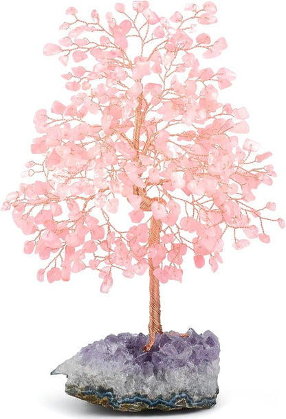 Gemstone Crystal Tree of Life,Natural Rose Quartz(406 Stones Count) with Amethyst Cluster Base,Chakra Positive Energy Feng Shui Decor Bonsai Money Tree,Birthday Gift 8.5''-9''