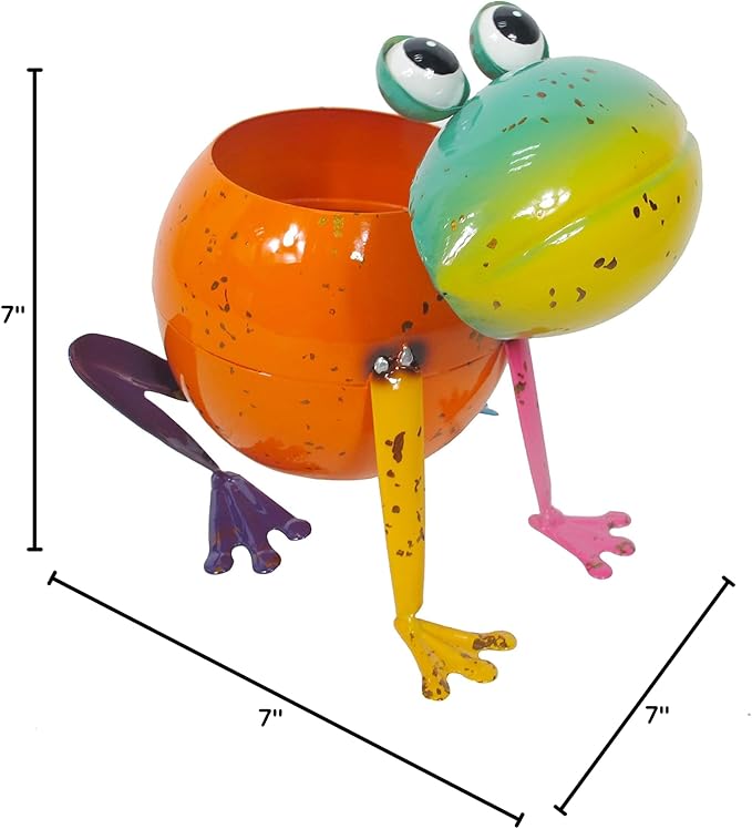 Continental Art Center Inc. 18148 Metal Frog Planter Flower Pot, Orange, Green