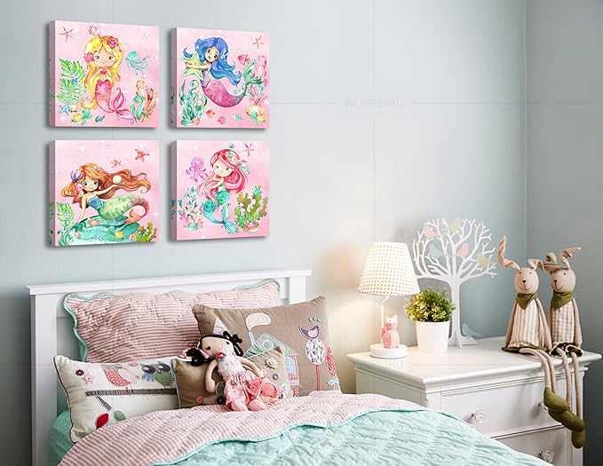 BLINFEIRU Mermaid Canvas Wall Art Set of 4, Cute Pink Watercolor Mermaid Pictures for Girls Room Bathroom Wall Decor, Modern Home Bedroom Nursery Decorations, Framed Artwork 12x12 Inch