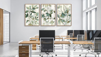 Large Framed Canvas Wall Art - Natural Float Framed Rustic Green Flowers Leaves Pictures Paintings White Grey Artwork Decor for Bedroom Living Room Kitchen Home Office Decoration 72" X 36" Set of 3