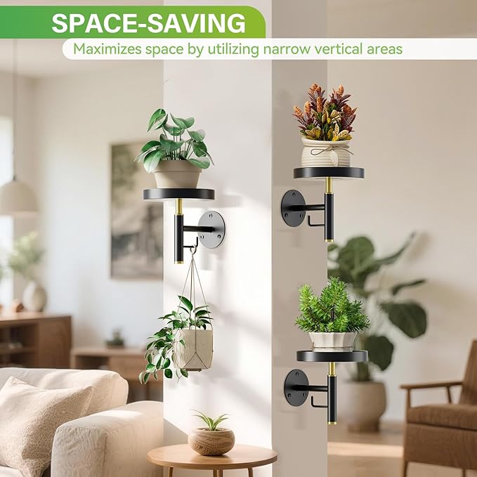 DELLAN Wall Plant Holder, 3 Pack Metal Wall Planters Stand Floating Shelves for Indoor Plants, Window Sill Plant Decor for Bedroom, Bathroom, Living Room, Home, Office, BlackGold