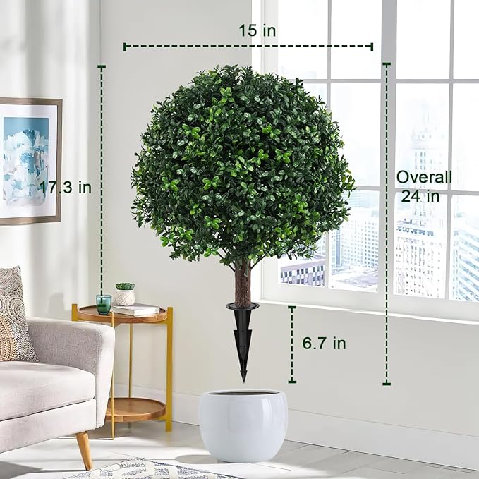 Set of 2 Artificial Boxwood Ball Trees for Outdoor with Spike, UV Resistant Faux Topiary Ball, Fake Plants Greenery Round Shrubs Bushes for Entryway Front Porch Decor