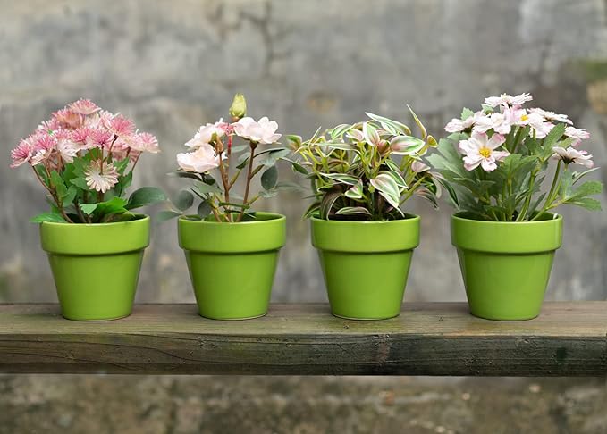 YBX 4-Inch Ceramic Plant Pots Outdoor Garden Planter Round Flower Pot with Drainage Hole Green (Pack 4)