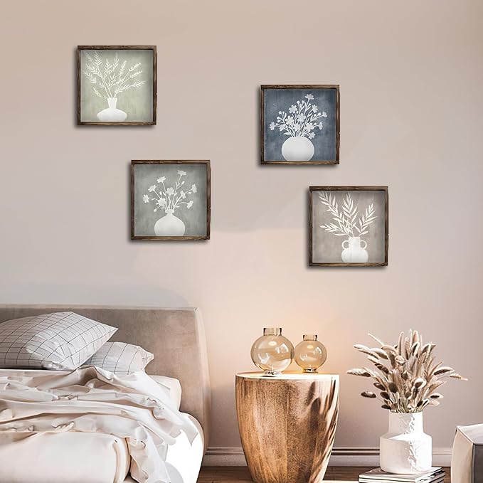 Pinetree Art Framed Boho Botanical Wall Art Set of 4, Plant Floral Wood Prints, Rustic Farmhouse Vintage Decor for Kitchen Living Room