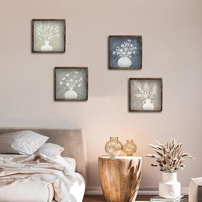 Pinetree Art Framed Boho Botanical Wall Art Set of 4, Plant Floral Wood Prints, Rustic Farmhouse Vintage Decor for Kitchen Living Room