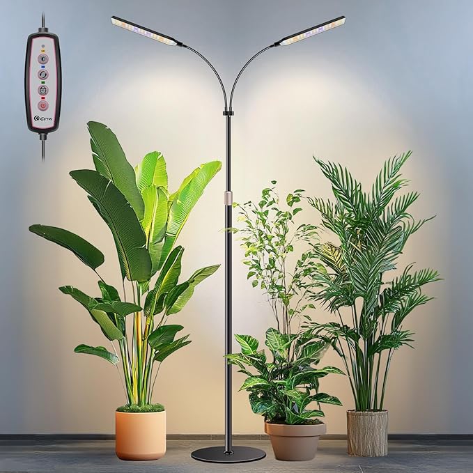Black Floor Grow Lights for Indoor Plants, 2-Heads Full Spectrum LED Plant Grow Light with 4/8/12/16H Timer, 3 Color Modes, 24-68.7in Hight Adjustable Grow Lamp for Tall Large Indoor Plants