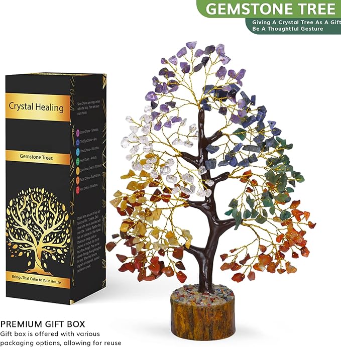 NARIBABU 7 Chakra Crystal Tree with 300 Gemstones – 10-12 Inch Energy Tree with Golden Wire & Wooden Base – Gifts for Her, Healing Crystals Decor, Birthday Gift for Women