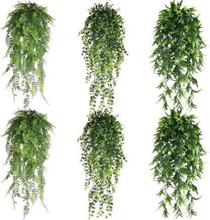 6 Pack Artificial Hanging Plants, Wall Mounted Eucalyptus Plant Pots Faux Greenery, Imitation Datura Vine, Boston Fern, for Indoor Outdoor Shelf Fake Plant (Persian/Creeper/Sawtooth Hanging)