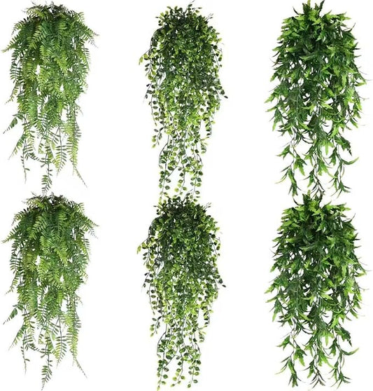 6 Pack Artificial Hanging Plants, Wall Mounted Eucalyptus Plant Pots Faux Greenery, Imitation Datura Vine, Boston Fern, for Indoor Outdoor Shelf Fake Plant (Persian/Creeper/Sawtooth Hanging)