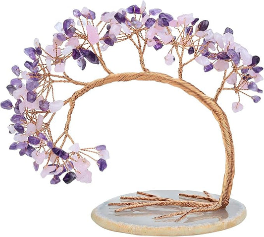 mookaitedecor Natural Amethyst & Rose Quartz Crystal Money Tree Agate Slice Base Feng Shui Bonsai Crystal Tree for Wealth Luck Desk Decor, 4.5-5.2 Inch High