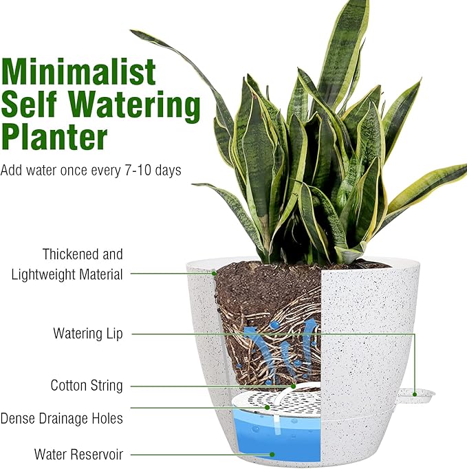 10 inch Self Watering Pots, Planter, Plant Pots with Mesh Drainage Holes for Indoor Outdoor House Plants and Garden, Set of 2 Plastic Flower Pots with Deep Reservoir, Speckled White