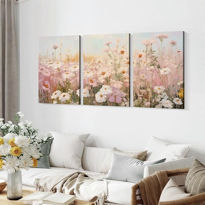 Framed Pink Wildflowers Canvas Wall Art Colorful Floral Poster Picture Vintage Country Painting Nature Landscape Modern Home Print Living Room Gallery Office Ready to Hang 12x16 Inch x3