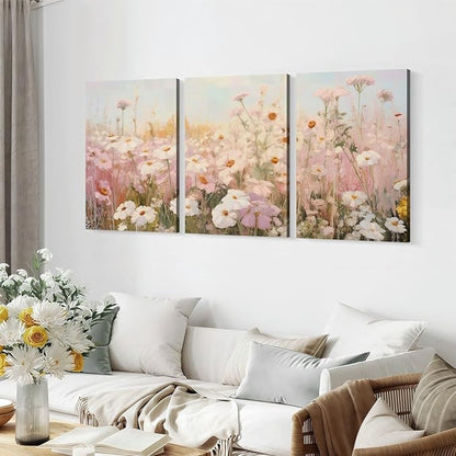 Framed Pink Wildflowers Canvas Wall Art Colorful Floral Poster Picture Vintage Country Painting Nature Landscape Modern Home Print Living Room Gallery Office Ready to Hang 16x24 Inch x3