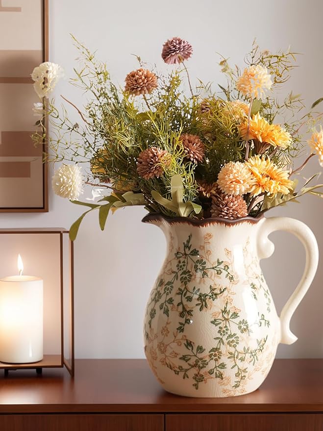 Vintage Ceramic Vase - 8.2 Inch Hand-Painted Flowers with Ice Crackle Glaze Finish, American Farmhouse Style Pitcher Vase for Home Decor, Centerpiece, Shelf, Table, Office