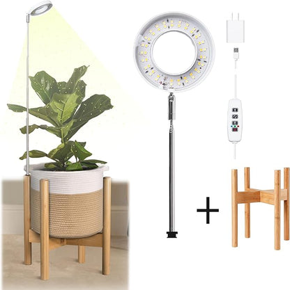 ZPirates Wood Plant Stand with Built-in Grow Lights - Extendable to Fit Small-Large Single Planter Pot - Auto Timer, Dimmable - (Pot and Plant Not Included)