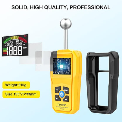 Moisture Meter, TEMIRUP Pinless Moisture Meter –Wood Moisture Detector for Walls, Drywall, Firewood & Concrete, Digital Moisture Tester with 3-Color LCD Display Reader, Audible Alarm & Hold Function
