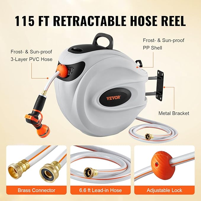 VEVOR Retractable Hose Reel, 115 ft x 1/2 inch, Garden Water Hose Reel with 9-Pattern Nozzle, 180° Swivel Bracket Wall-Mounted, Automatic Rewind, Lock at Any Length, with Slow Return System