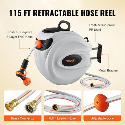 VEVOR Retractable Hose Reel, 115 ft x 1/2 inch, Garden Water Hose Reel with 9-Pattern Nozzle, 180° Swivel Bracket Wall-Mounted, Automatic Rewind, Lock at Any Length, with Slow Return System
