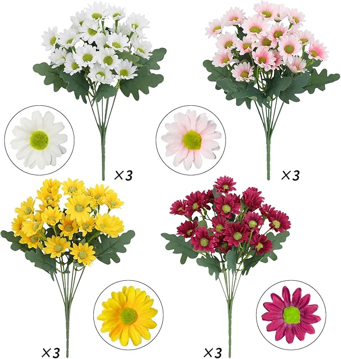 Artificial Fake Mums Flowers Plants for Outdoors ,12 Bundles Faux mums Mix Silk Glory UV Sun Resistant, Realistic Flowers for Planter Porch Patio Yard Balcony Home Decor (yellow/white/pink/red)