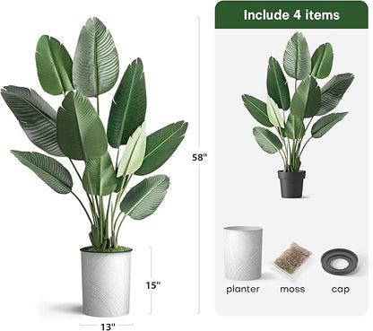 Artificial Tree in White Marble Effect Planter, Fake Bird of Paradise Silk Tree for Indoor and Outdoor Home Decoration - 58" Overall Tall (Plant Pot Plus Tree)