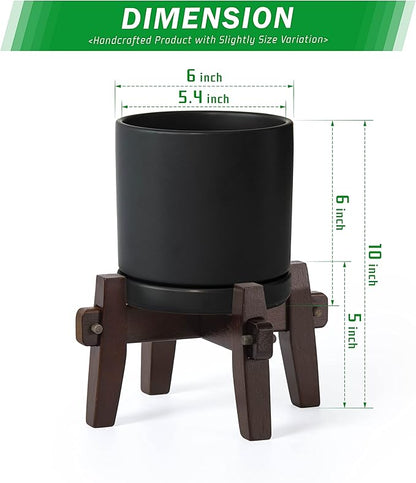 D'vine Dev Ceramic Planter with Wood Stand - 6 Inch Mid Century Modern Cylinder Plant Pot Set for Indoor Plants & Flowers, Black, 55-A-Z-2