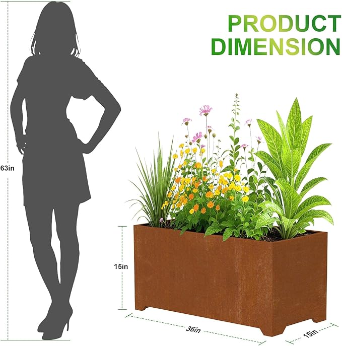 Large Planters for Outdoor Plants 32"L x 15"W x 15"H, Co-rten Steel Planter Box with 6 Drainage Holes, Raised Bottom, All-Weather Garden Planter Box for Patio, Lawn, Commercial & Residential