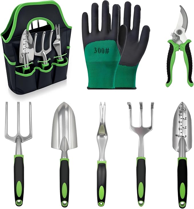 8 Piece Garden Tools, Green Anti-Slip Heavy Duty Gardening Hand Tools. Suitable for gardeners, potted indoor use of small garden tools to organize with a handbag