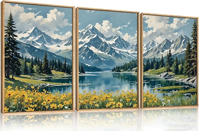 Large Snow Mountain Wildflower Framed Canvas Wall Art,Pine Tree Woodland Wall Decor,Forest Floral Lake Wall Painting,Scenery Artwork for Living Room,Bedroom,Dining Room,Office -16"x24"x3