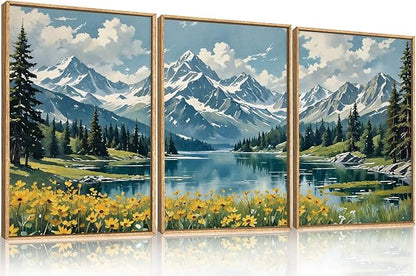 BICERE Large Snow Mountain Wildflower Framed Canvas Wall Art,Pine Tree Woodland Wall Decor,Forest Floral Lake Wall Painting,Watercolor Scenery Artwork for Living Room,Bedroom,Dining Room,Office -24"x36"x3