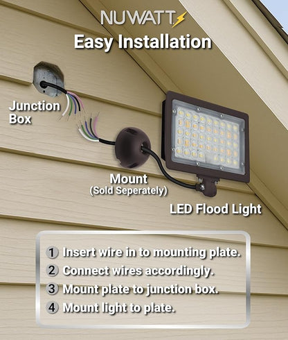 NUWATT 30W LED Flood Light, 3CCT 3000K/4000K/5000K Selectable, IP65 Waterproof Lighting, Adjustable Knuckle Mount, 4200LM, 0-10V Dimmable, 120-277V, Outdoor Security Floodlight for Yard, Bronze, UL