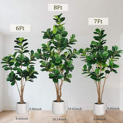 8 FT Artificial Fiddle Leaf Fig Tree with White Planter and Black Pebble, Tall Faux Ficus Lyrata with Thick Trunk and Emerald Leaves, Fake Ficus Tree for Office Home Indoor Decor