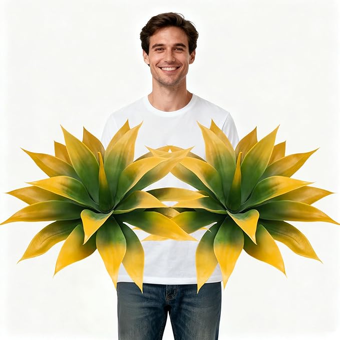Artificial Agave Faux Agave Fake Greenery Outdoor Artificial Plants Fake Plants for Indoor Home Decoration Plastic Plants Outdoor Decor Front Porch Decor Simulation Plants 18In(Yellow) 2Pack