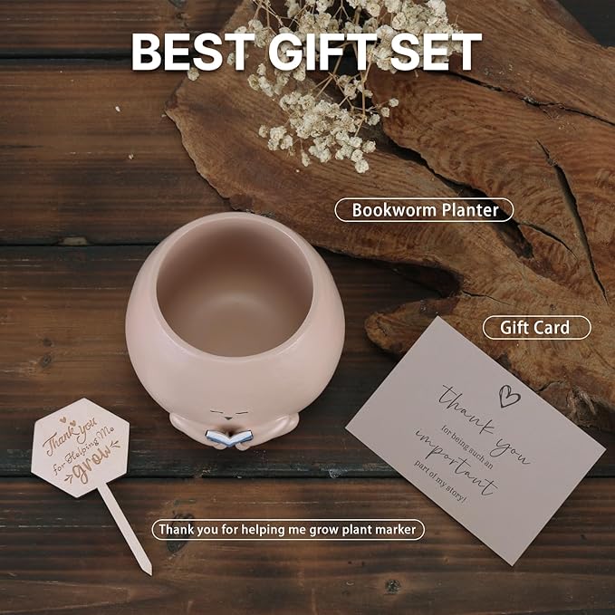 Bookworm Planter Pot Succulent Pot for Book and Plant Lover & Thank You Card, Emotional Support Gift, End of School Gift, Teacher Gifts Mother Dad Appreciation M
